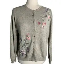 Heirloom Collectibles Silk Cardigan Sweater M Grey Embroidered Floral Buttons