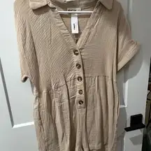 Cream Tan Jumpsuit with Cuffed Sleeves and Notched Collar