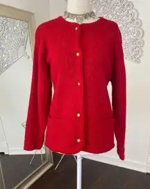 Chunky Vintage Bright Red Flower Floral Embroidered Knit Button Up Cardigan M
