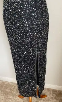 Beaded Sequin Evening Slit Sleeveless Black Dress, Size Medium