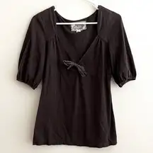 Anthropologie Deletta Dark Plum Tie Front V-Neck Quarter Sleeve Blouse Top Large