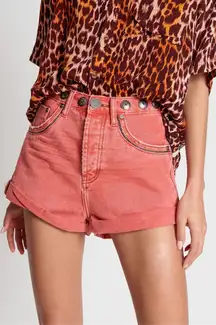 ONETEASPOON‎ WOMENS CORAL STUDDED HIGH WAIST DENIM SHORT - CORAL