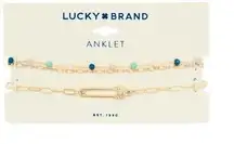 Lucky Brand 2-Pc Set Beaded/Pave Safety Pin Anklets in Gold-Tone MSRP $29 NWT