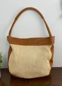 Furla Straw and Cognac Leather Slouchy Hobo Shoulder Bag Tote Bohemian Chic