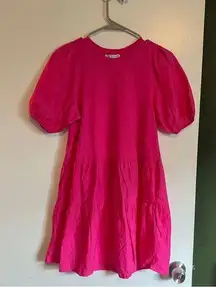 hot pink puff sleeve tiered cotton mini dress size xs