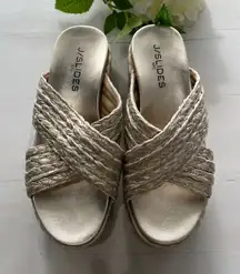 J/Slides NYC Gold Woven Cross Strap‎ Platform Wedge Sandals
