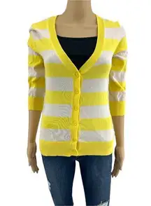 Derek Heart (L) Y2K Yellow Striped 3/4 Sleeve Button Up Cardigan Sweater Fitted