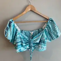 LUXXEL Off the Shoulder Blue Tie Dye Crop Top Size Large Tie Front NWT