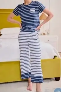 LAKE Pajama bottoms elastic waist stripe nautical navy white L casual fall