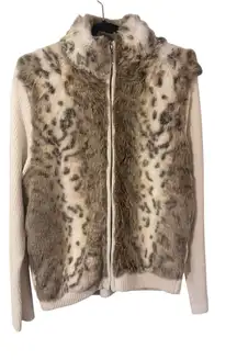 Anthony Faux Fur Leopard Print Zip Up Sweater Jacket Women's Cream Knit NWT
