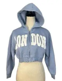 Zara Sweater Jacket Womens 11/12 Cropped‎ London Plush Hoodie Zip Up Light Blue