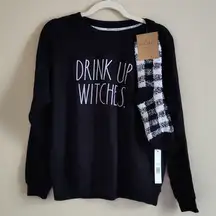 Rae Dunn Halloween Drink Up Witches Black Sweatshirt with Socks Set Size Medium