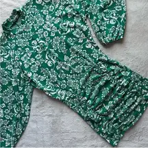 Zara Balloon‎ Sleeve Jacquard Knit Mini Ruched Sweater Dress Floral Green White