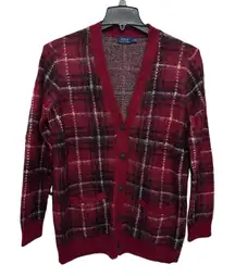 VTG Polo Ralph Lauren Mohair Blend Red Black Plaid Cardigan Sweater Women's Sz M
