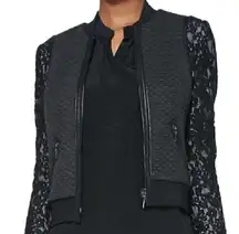 Rebecca Taylor  Solid Black Quilted Bomber Vest Faux Leather Lace Trim Full Zip