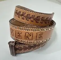 Cowhide Belt Womens 34” Tan Gold Floral Tooled Leather Personalized Vintage
