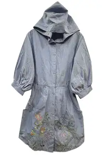 Eloise Women's Retro Chambray Hooded Tunic Top Mini Dress Embroidered Peacock