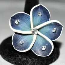 Vintage Hawaiin Plumeria Flower Rhinestone Accent Silver Tone Adjustable Ring
