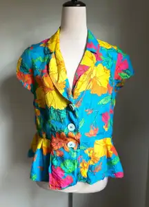 Nanette Lepore 10 Peplum Blouse Tropical Floral y2k boho fairy resort wear blue