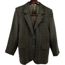 Max Mara Wool Plaid Two Button Suit Jacket Pockets Notch Lapel Olive Green 4