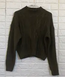 Vintage casual corner olive green cropped cable knit mock neck sweater