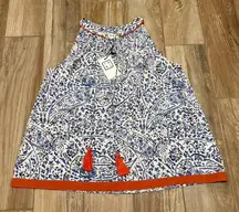 THML Women's Paisley Blue and White Sleeveless Blouse