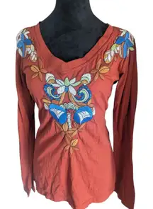 Johnny Was Embroidered Floral "Love Life" Boho Top V-Neck Rust Large