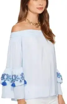 Lilly Pulitzer tobyn blue pom pom‎ embroidered boho blouse small off shoulder