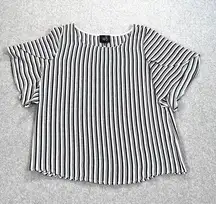 W5 Striped Blouse Women's Large Black/White Flutter Sleeve Round Neck Top