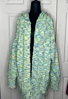 Free People hooded knit cardigan, large oversized, lime green, yellow, blue