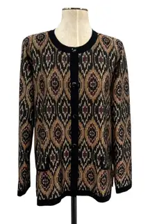 Exclusively Misook Cardigan Sweater Metallic Ikat Print Gold Black Size XL