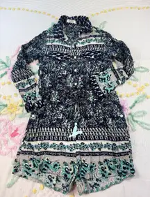 AMOR MIA 100 Cotton Floral Print Drawstring Romper Women's Navy Teal