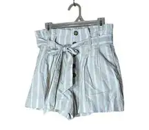 Abercrombie & Fitch Linen Blend Beige and White Stripes Button Fly Paper Bag Short