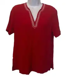 Cathy Daniels Red White Embroidered VNeck Short Sleeve Crepe Blouse Medium Boho