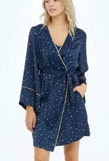 SUMMERSALT NWT Cloud 9 Silky Bath Robe Medium Large Blue Gold Polka Dot *NO TIE*