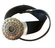 Chico’s Statement Belt Antique Gold Medallion Buckle/  Leather Adjustable M/L