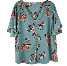 Sandy & Sid Blue Floral V-neck Blouse XL