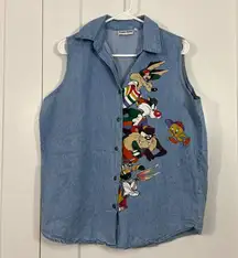 Vintage 90s Large Blue Looney Tunes Button Down Sleeveless Collared Vest