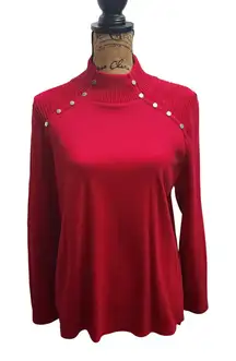 Rafaella Red Mock Neck Long Sleeve Sweater With Silver Button Detail Women's L