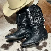 Vintage Black Real Leather Fringe Cowboy Boots Festival Rave Burning Man A21