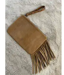 Ariat Tan Leather Fringe Wristlet Clutch with Studded Strap