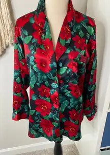Vtg Victoria's Secret Gold Label Red Floral Satin Button-down Shirt S Holiday