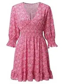 Floral Mini‎ Dress Pink White V Neck Smocked Waist 3/4 Sleeve