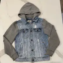 Hollister Distressed Denim Jersey Hooded Button Jacket Womens Small Blue/Gray