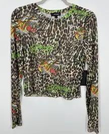 Ed Hardy Women's Long Sleeve Sheer Mesh Tiger Leopard Print Top Shirt Size L NWT