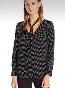 Rebecca Minkoff  Polka Dot Deep V Neck Tie Long Sleeve Blouse Black White Small