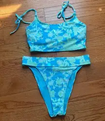 Forever 21 Teal and Green Floral Print High Waist Bikini Set