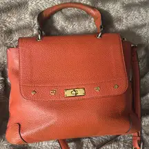 MCM Handbags Orange Leather Satchel Purse Small Tote Visetos Logo Studs Bag