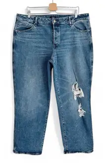 Express Womens Mid Rise Boyfriend Jeans Blue Distressed Stretchy Size 16 R