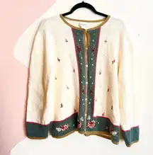 Vintage Koret White Embroidered Cardigan Sweater Cottagecore Granny Floral XL